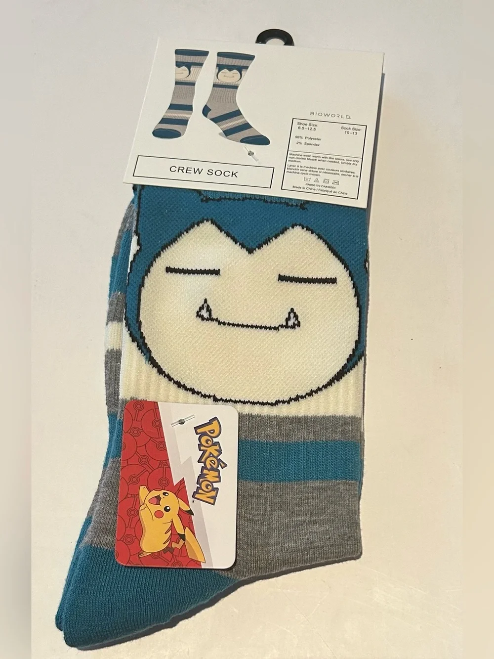 POKEMON Snorlax Bioworld Crew Socks Blue Striped Men’s 6.5-12.5 NWT